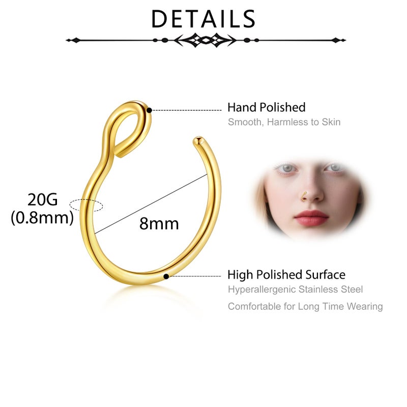 D.Bella Fake Nose Ring 20G Faux Piercing Jewelry 8mm Fake Nose Rings Hoop Non Pierced Lip Septum Set - Image 2